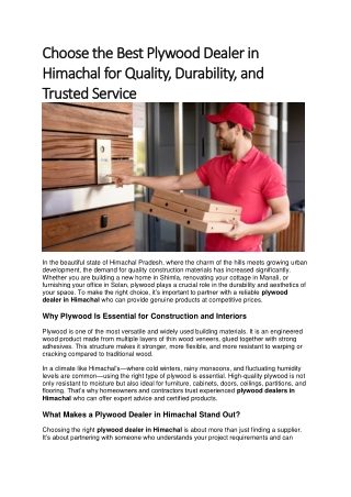 Choose the Best Plywood Dealer in Himachal for Quality, Durability, and Trusted Service
