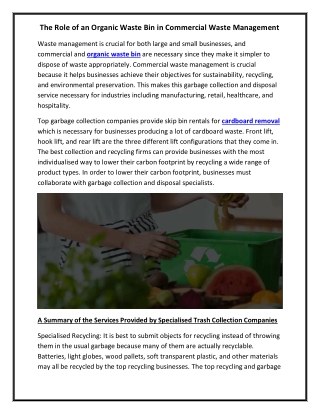 The Role of an Organic Waste Bin in Commercial Waste Management