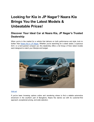 Looking for Kia in JP Nagar? Naara Kia Brings You the Latest Models & Unbeatable