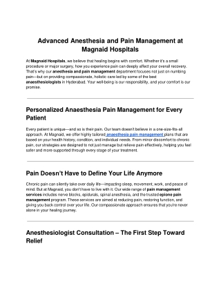 Advanced Anesthesia and Pain Management at Magnaid Hospitals