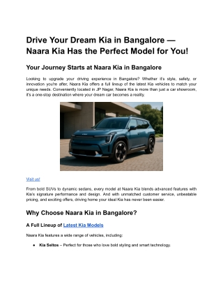 Drive Your Dream Kia in Bangalore — Naara Kia Has the Perfect Model for You