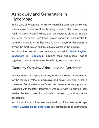 Ashok Leyland Generators in Hyderabad