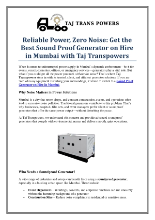 Affordable Sound Proof Generator on Hire in Mumbai | Taj Transpowers