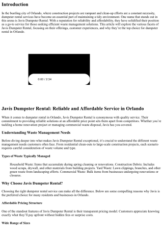 Javis Dumpster Rental: Reliable and Affordable Service in Orlando