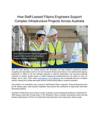 How Staff-Leased Filipino Engineers Support Complex Infrastructure Projects Across Australia