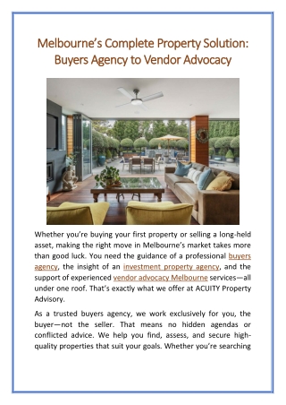 Melbourne’s Complete Property Solution Buyers Agency to Vendor Advocacy