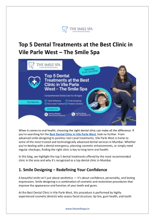 Top 5 Dental Treatments at the Best Clinic in Vile Parle West  The Smile Spa