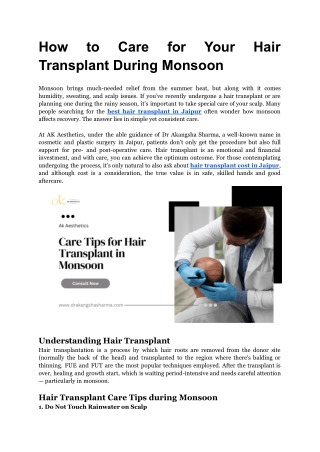 How to Care for Your Hair Transplant During Monsoon