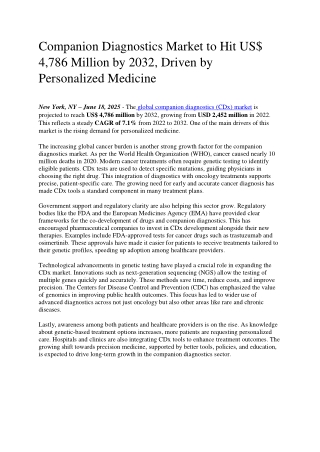 Companion Diagnostics Market to Expand Rapidly, Fueled by Personalized Healthcar