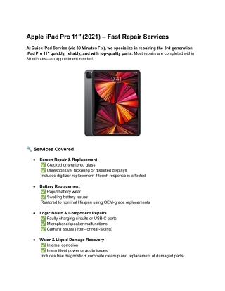 Apple iPad Pro 11 2021 Repairs - Quick iPad Service