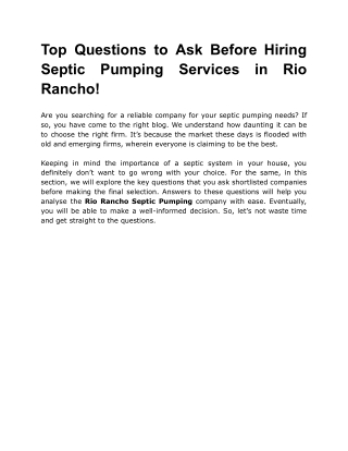 Top Questions to Ask Before Hiring Septic Pumping Services in Rio Rancho!