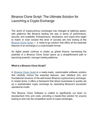 Unlocking the Power of a Binance Clone Script for Next-Gen Crypto Exchanges
