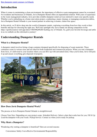 Javis Dumpster Rental: Your Partner for a Cleaner Orlando