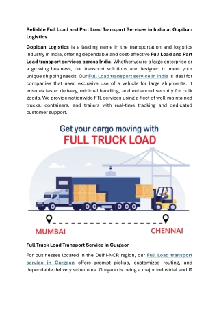 Reliable Full Load and Part Load Transport Services in India at Gopiban Logistics