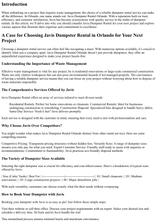 A Case for Choosing Javis Dumpster Rental in Orlando for Your Next Project