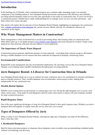 Javis Dumpster Rental: A Lifesaver for Construction Sites in Orlando