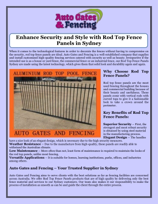 Enhance Security and Style with Rod Top Fence Panels in Sydney