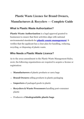 Plastic Waste Licence for Brand Owners, Manufacturers & Recyclers — Complete Guide