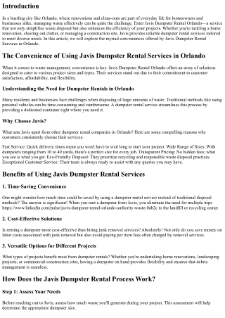 The Convenience of Using Javis Dumpster Rental Services in Orlando