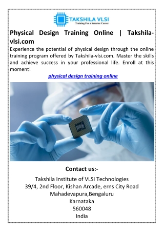 Physical Design Training Online  Takshila-vlsi.com
