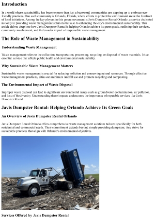 Javis Dumpster Rental: Helping Orlando Achieve Its Green Goals
