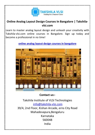 Online Analog Layout Design Courses In Bangalore  Takshila-vlsi.com