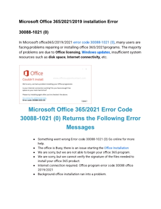 Microsoft Office 365/2021/2019 installation Error 30088-1021 (0)