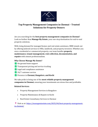 Top Property Management Companies in Chennai – Trusted Solutions for Property Ow