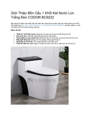 Bồn Cầu 1 Khối Két Nước Lùn Trắng Đen CODOR BC9222