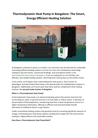 Thermodynamic Heat Pump in Bangalore: The Smart, Energy-Efficient Heating Soluti