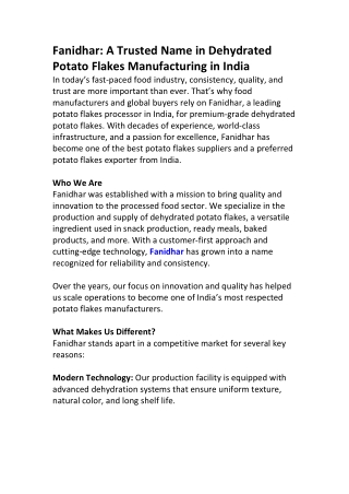 Dehydrated Potato Flakes Manufacturer – Fanidhar Story