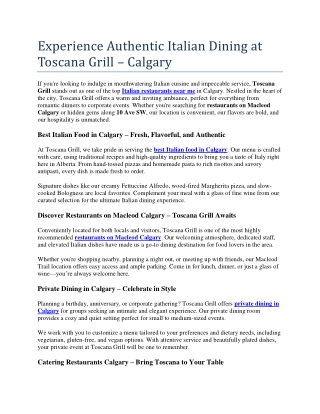 Experience Authentic Italian Dining at Toscana Grill