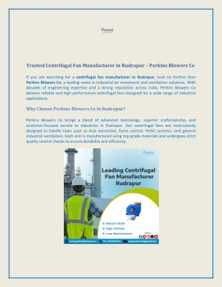 Trusted Centrifugal Fan Manufacturer in Rudrapur Perkins Blowers Co