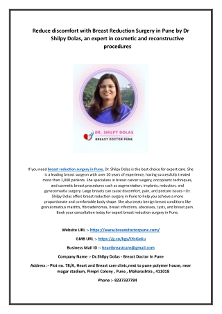 Reduce discomfort with Breast Reduction Surgery in Pune by Dr Shilpy Dolas, an expert in cosmetic and reconstructive pro