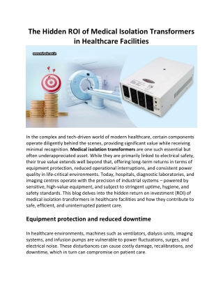 The Hidden ROI Of Medical Isolation Transformers In Healthcare Facilities