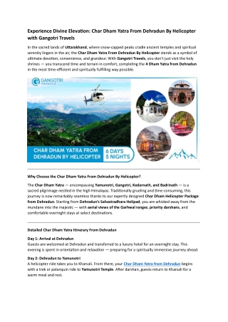 Char Dham Yatra From Dehradun By Helicopter