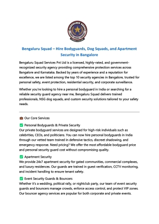 Top Security Guard & Bodyguard Services in Bangalore – Your Trusted Protection P