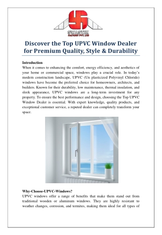 Discover the Top UPVC Window Dealer for Premium Quality, Style & Durability