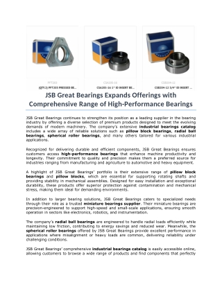 JSB Great Bearings Expands Offerings with Comprehensive Range of High-Performance Bearings