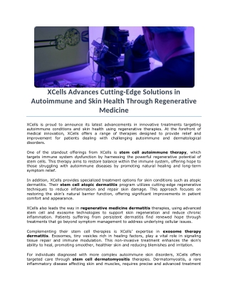 XCells Advances Cutting-Edge Solutions in Autoimmune and Skin Health Through Regenerative Medicine