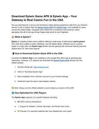 Download Epiwin Game APK & Epiwin App – Your Gateway to Real Casino Fun in the USA