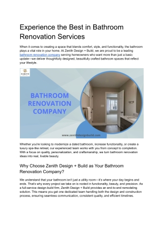 Experience the Best in Bathroom Renovation Services