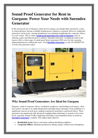 Sound Proof Generator for Rent in Gurgaon