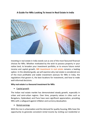 A Guide For NRIs Looking To Invest In Real Estate In India