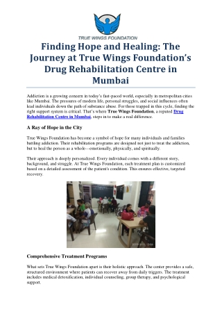 Find Hope at True Wings Foundation – Drug Rehabilitation Centre in Mumbai