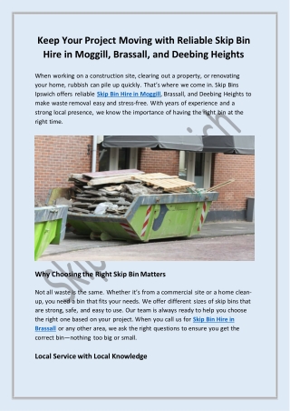 Keep Your Project Moving with Reliable Skip Bin Hire in Moggill, Brassall