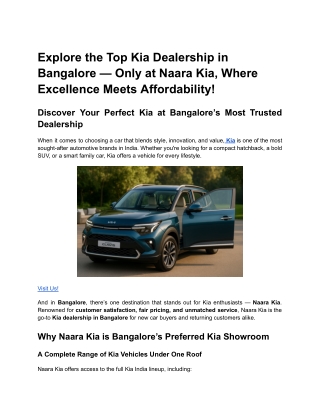 Explore the Top Kia Dealership in Bangalore — Only at Naara Kia, Where Excellence Meets Affordability