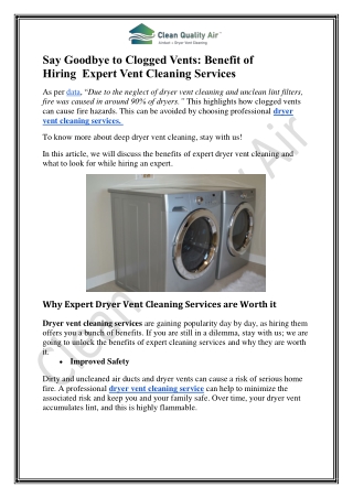 Say Goodbye to Clogged Vents Benefit of Hiring  Expert Vent Cleaning Services