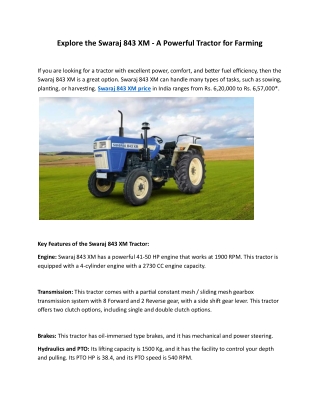 Explore the Swaraj 843 XM - A Powerful Tractor for Farming