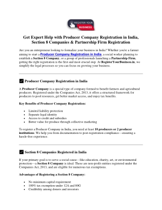Producer Company Registration in India, Section 8 Companies & Partnership Firm Registration
